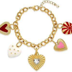 House of Harlow 1960 Gold Tone Chunky Heart Charm Bracelet - VALENTINE'S DAY